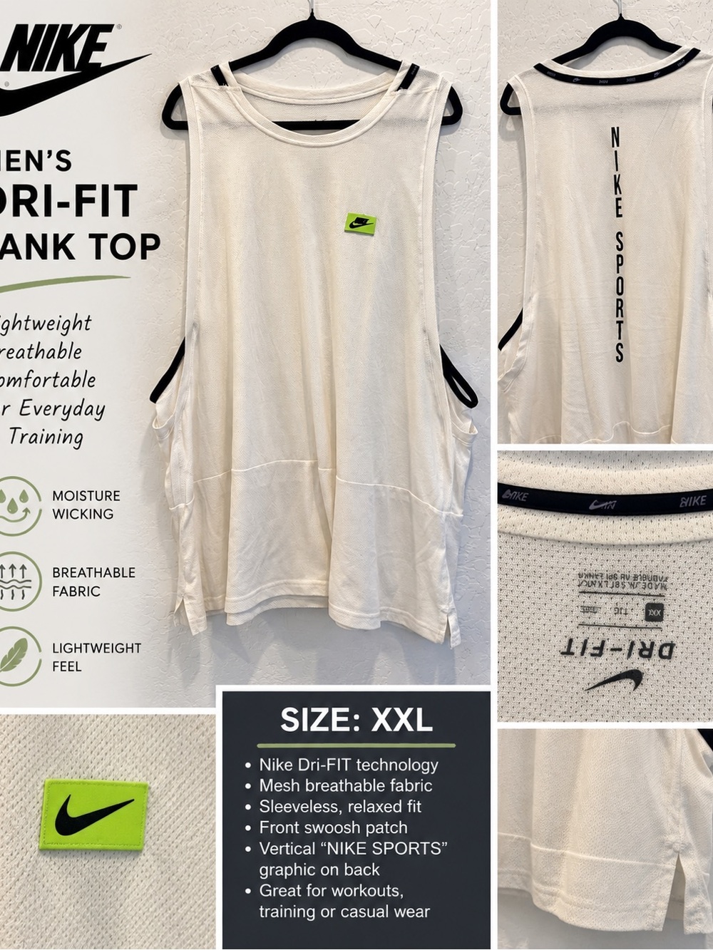 Nike Dri-FIT Mesh Tank Top XXL White Sleeveless Athletic Training Shirt